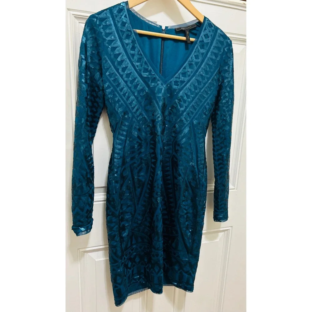 BCBGMAXAZRIA Teal Blue Sequin Geometric Long Sleeve V-Neck Bodycon Mini Dress M